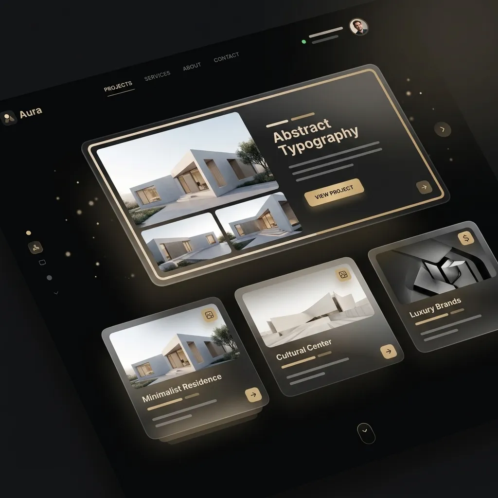 Dark premium portfolio interface shown in perspective